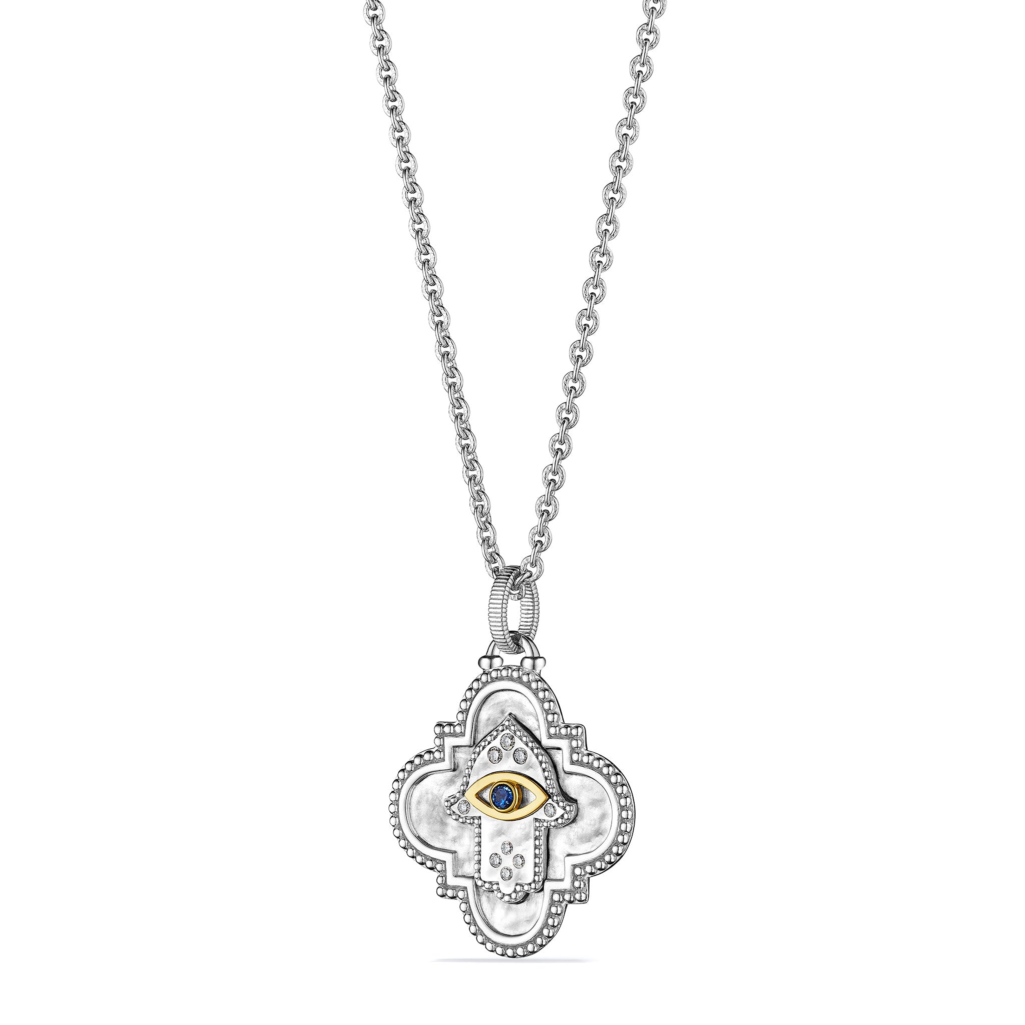 Little Luxuries Long Quatrefoil Hamsa Medallion Necklace with Blue  Sapphire, Diamonds and 18K Gold